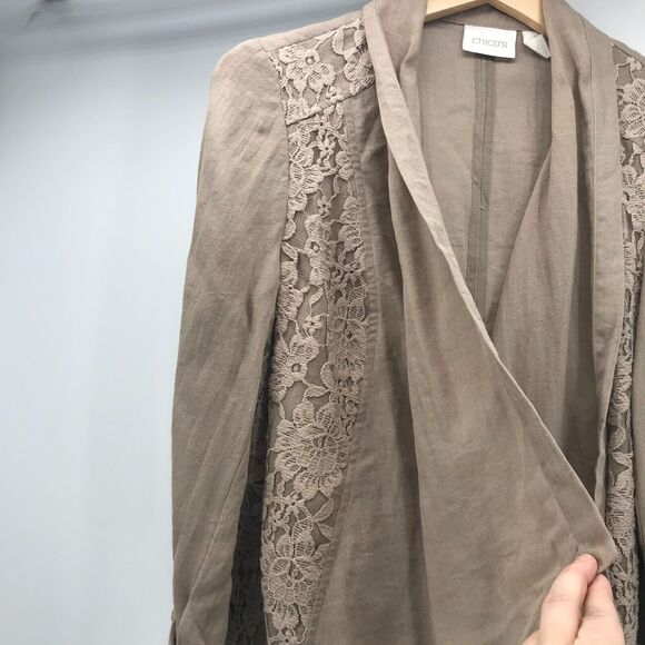 Chicos Jacket Womens Medium Tan Waterfall Open Front Roll Tab Sleeve Lace Panels - Picture 3 of 10